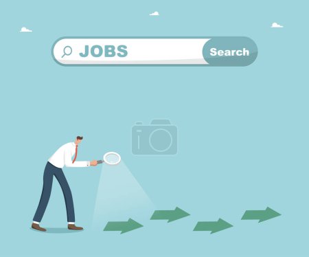 Illustration for Looking for a new job or employment, career path or promotion, ladder of success, new career vacancy, looking for new opportunities and work, man with magnifier walks the arrows under job search bar. - Royalty Free Image