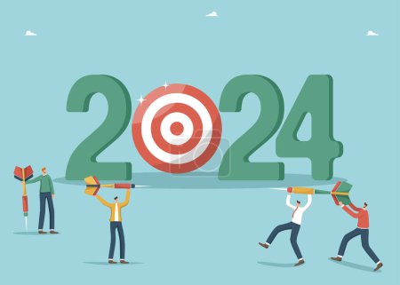 Illustration for Team business goals for new year 2024, brainstorming to develop strategy or plan to achieve financial goals, cooperation for success, results in new year, men with darts near 2024 with board for darts - Royalty Free Image