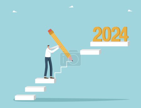 Ilustración de Planificación estratégica para lograr el éxito en el nuevo año 2024, enfoque creativo para resolver los asuntos pendientes en el año saliente, estableciendo objetivos comerciales para el próximo año, el hombre dibujando pasos faltantes para 2024. - Imagen libre de derechos