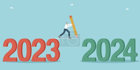 Illustration for Positive attitude and motivation for success and business growth in new year 2024, overcoming obstacles and solving unfinished tasks and transition to the new year, man draws a line from 2023 to 2024. - Royalty Free Image