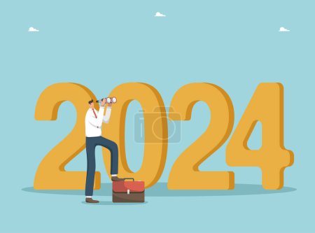 Illustration for Strategic planning of actions in the new 2024, setting business goals to achieve heights, vision for future development of business or career in 2024, man stands near 2024 and looks through binoculars - Royalty Free Image