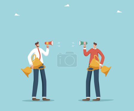 Illustration for Difference in ways and methods of achieving heights or goals, different vision of team members, contradictions in making key decisions, team disagreements or conflicts, people argue with winning cups. - Royalty Free Image