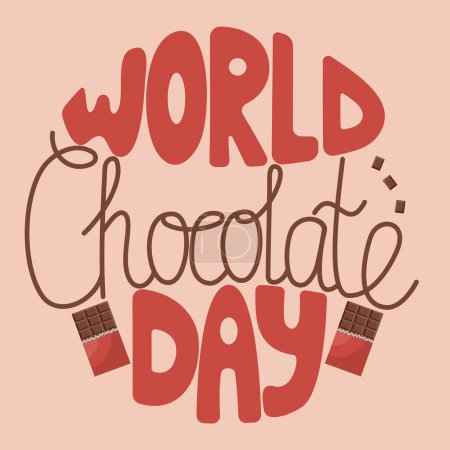 Illustration for Handwritten inscription world chocolate day in form of circle. Colorful cartoon vector design. Illustration for any purpose. Positive holiday greetings or quote. Groovy cool vintage lettering. - Royalty Free Image
