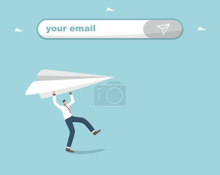 Illustration for Communication via email, sending emails and letters, work business correspondence of company employees, targeting and information concept, man launches paper airplane under message sending line. - Royalty Free Image