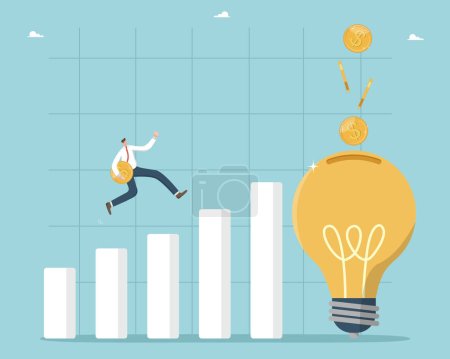 Illustration for Investing money in innovations for additional profit, turning creative ideas into means of earning money, success and profitability of new projects, man runs with coins on graph to light bulb. - Royalty Free Image