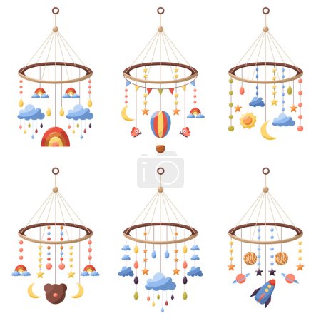 Illustration for Set of vector illustration of baby mobile, carousel pendant. Rotating hanging accessory for baby cot. Hanging toy with stars, clouds, crescent, rainbow, drops, sun, bear, rocket, planets, butterflies. - Royalty Free Image