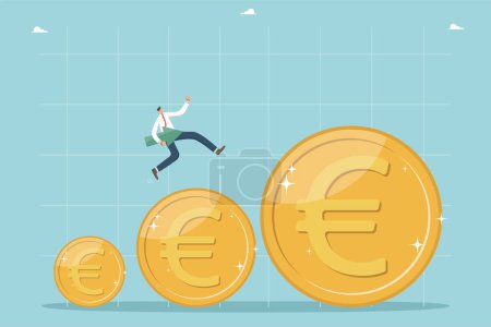 Illustration for Increase in income and wages, financial growth and enrichment, increase in value of business and investment portfolio, rise in living standards and GDP, a man with arrow runs on increasing euro coins. - Royalty Free Image