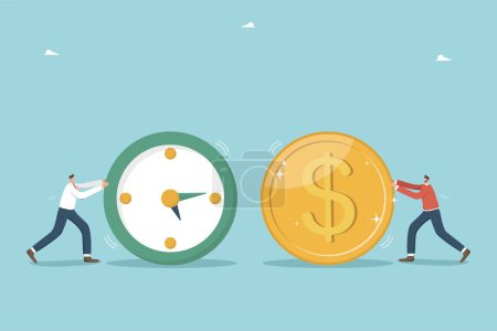 Illustration for Time is money, long-term return on investment, pension fund concept, interest income from investments or deposits, time to receive money, hourly wages, men rolling watches and coin towards each other. - Royalty Free Image