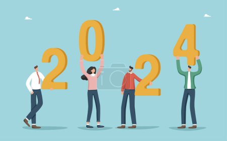 Illustration for Strategic planning of actions in new year 2024, setting business goals to achieve success and conquer heights, vision of future business or career development in 2024, people stand with numbers 2024. - Royalty Free Image