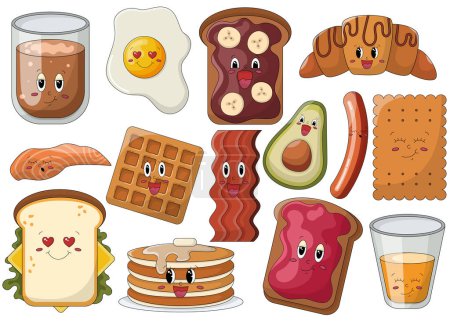 Illustration for Trendy sticker set with funky food characters for breakfast. Croissant, french toast with jam and nut chocolate spread and banana, coffee, pancakes, waffle, bacon, egg, juice, sausage, avocado, salmon - Royalty Free Image