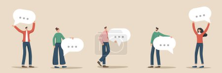 Illustration for Vector illustration with people holding a thought icon with a typing text. FAQ, feedback to online helpdesk service. Survey and review concept. Work business correspondence. - Royalty Free Image