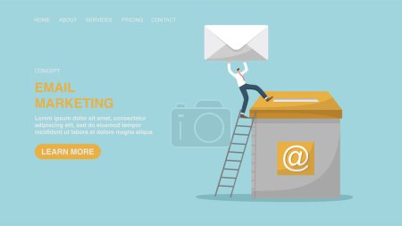 Illustration for Vector illustration for poster, website, banner with man throws envelope into a large mailbox. Communication by e-mail, information concept, sending messages, targeting and promotion through mailing. - Royalty Free Image