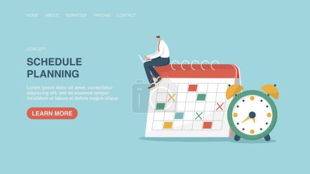 Illustration for Web page schedule planningVector illustration for website, web page with man sitting on calendar. Time management, business planning, organizing and adherence to calendar schedule and work plan, notification and reminder. - Royalty Free Image