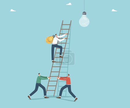 Illustration for Brainstorming to create business ideas or strategies, collaboration or partnership to achieve common goals, teamwork for innovation, men holding ladder and man climbs up to change burnt out light bulb - Royalty Free Image
