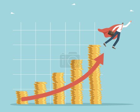 Illustration for Increasing income and wages, financial growth, improving the economy, profitability of the investment portfolio, promoting business to a new level, man flies upward through a graph of stacks of coins. - Royalty Free Image