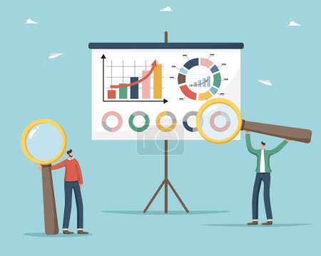 Illustration for Assessing the cost of a project or estimate, calculating a budget, accounting for an investment portfolio and savings, analyzing income and expenses, men with magnifying glasses near board with graphs - Royalty Free Image