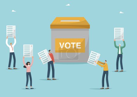 Illustration for Choice concept. Online-questioning or voting, survey or testing. Voting, political choice, opinion or democracy. Election and referendum, secret ballot. People hold voting paper near vote box. - Royalty Free Image