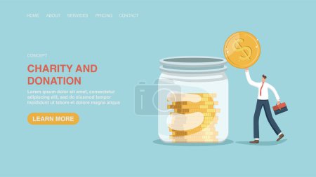 Illustration for Donation and charity concept. Helping those in need and financing social organizations. Web banner, infographic, web page. A man throws a coin into a jar of coins. - Royalty Free Image