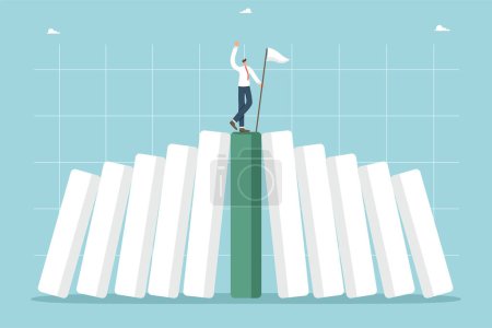 Illustration for Strategy for surviving an economic crisis or recession, finding a way out of business problems, maintaining financial position and cash during stock market crash, man with flag stood on falling graph. - Royalty Free Image