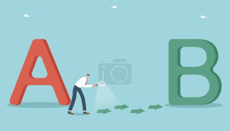 Illustration for Business planning and analysis of ways and methods of achieving goals, following a strategy for success in the work process and solving work issues, man with a magnifier follows the arrows from A to B - Royalty Free Image