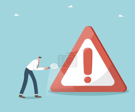 Illustration for Methods and possibilities for solving difficult situation or problem, technical support, analysis and prevention of any unforeseen circumstances, man with magnifying glass walks near road danger sign. - Royalty Free Image