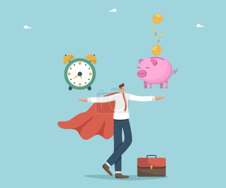 Illustration for Investing in investments and stocks, increasing savings and creating deposit boxes, achieving significant success in asset management, financial growth, man holds a watch and a piggy bank on his hands - Royalty Free Image