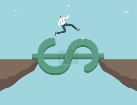 Illustration for Financial and economic improvement, rapid growth in income and wages, profitable investment of funds, increase in investment portfolio and savings, man overcomes cliff with the help of a dollar sign. - Royalty Free Image