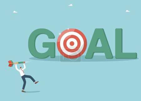 Illustration for Motivation and determination on the path to great success, precision in setting goals and focus on achieving them, strategic planning in solving business problems, man throws dart right at the target. - Royalty Free Image