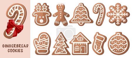 Illustration for Set of cartoon vector illustrations of gingerbread cookies. Winter homemade sweets in shape of house, mittens, snowflakes, gingerbread man, deer, bell, hristmas tree, Christmas tree toy, candy, sock. - Royalty Free Image