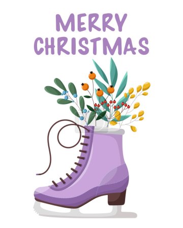 Illustration for Winter holiday card with ice figure skates and blade paths, in which various winter plants stand. Merry Christmas. Holiday concept. Template for background, banner, card, poster with text inscription. - Royalty Free Image