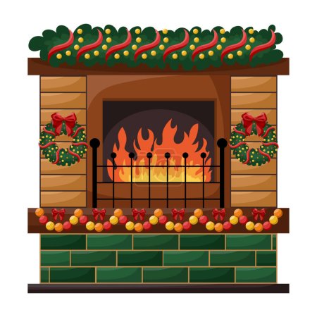 Illustration for Fireplace with burning fire isolated on white background. Vector cartoon home hearth made of marble, brick, iron with wood, flame, chimney. Cozy fireplace with Christmas decorations, wreaths, garland - Royalty Free Image