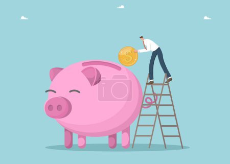 Illustration for Investing in investments and stocks, increasing savings and creating deposit boxes, achieving significant success in asset management, financial growth, a man throws a coin into a piggy bank. - Royalty Free Image