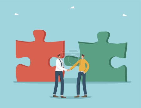 Teamwork to achieve heights in work, strategic planning to achieve common goals, cooperation for fast pace of business development, teamwork for financial growth, men shaking hands near folded puzzles