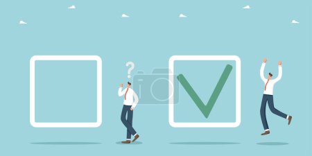 Illustration for Making right or wrong business decisions, choosing an alternative or choosing yes or no, rational thinking to have confidence in a strategy, agony of choice, casting a vote, men near the tick icons. - Royalty Free Image