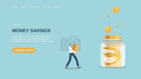 Illustration for Vector illustration for website or web page, banner with man carries pile of coins to jar into coins are poured. Money savings, investments, profit from bank deposits, financial and economic growth. - Royalty Free Image