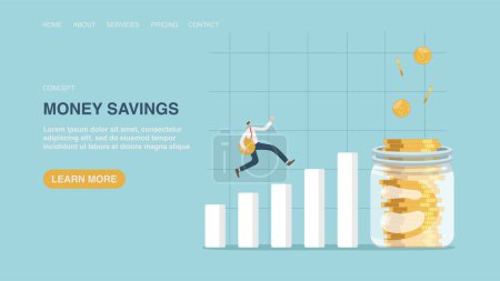 Illustration for Vector illustration for poster, website or web page, banner with man runs with coin on growing schedule to a jar of coins. Money savings, financial and economic growth, profit from capital investments - Royalty Free Image