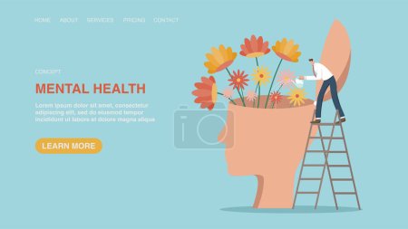 Illustration for Vector illustration for website or web page, banner with man watering flowers in head. Mental health, healthy mentality, look for inspiration or motivation to achieve goals. Take care of your health. - Royalty Free Image