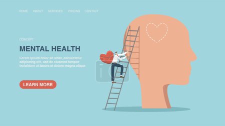 Illustration for Vector illustration for poster, website or web page, banner with man with heart climbs ladder to head. Mental health, separate work and personal life, emotional intelligence, feelings and emotions. - Royalty Free Image