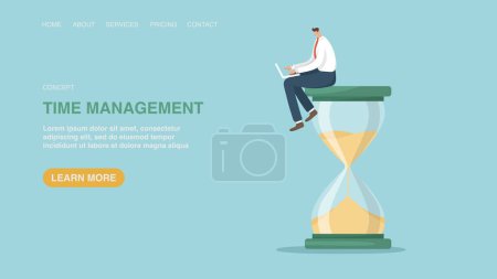 Illustration for Vector illustration for poster, website or web page, banner with man with laptop sits on hourglass. Time management, business and work schedule planning, multitasking, limited deadlines for project. - Royalty Free Image