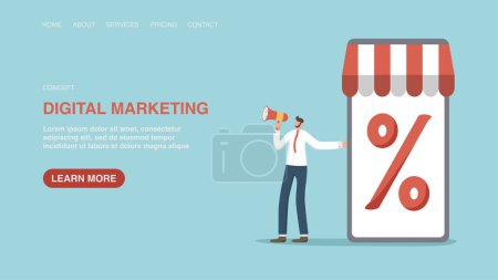 Illustration for Vector illustration for website or web page, banner with man with loudspeaker near phone with percentage. Digital marketing, email newsletter, discounts or promo codes for subscription or targeting. - Royalty Free Image