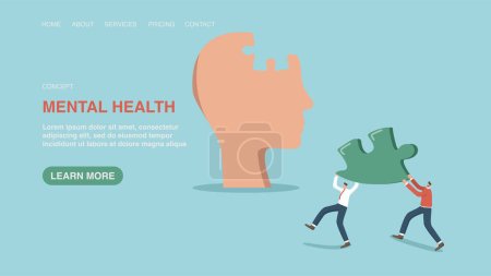 Illustration for Web banner, infographic, web page with men carry the missing puzzle to a big head. Mental health, ways and creative approach to solving complex problems, brainstorming to achieve high results in work. - Royalty Free Image