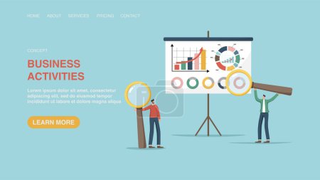 Illustration for Vector illustration for website or web page, banner with men with magnifying glasses near board with graphs. Business activities, accounting for investment portfolio, analyzing income and expenses. - Royalty Free Image