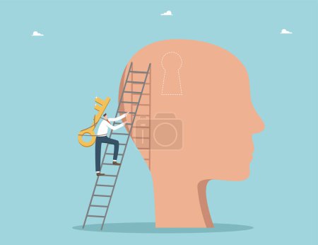 Illustration for Unleash your creative thinking, find secret key to generating brilliant ideas, teamwork and brainstorming to create innovations and business development strategies, man with key climbs ladder to head. - Royalty Free Image