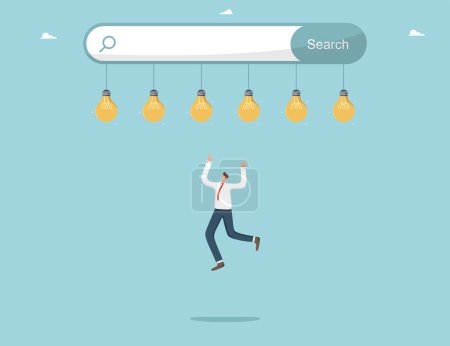 Illustration for New opportunities, openness to new knowledge or science, searching for necessary information, search engine optimization, searching for ideas on Internet, man jumping for light bulbs from search bar. - Royalty Free Image