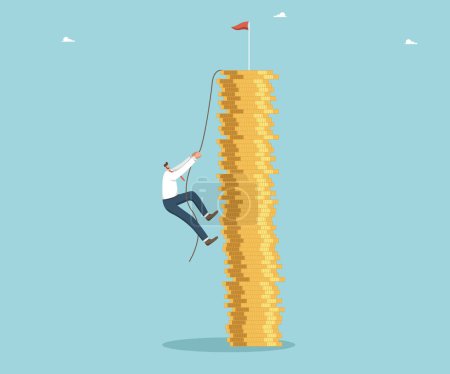 Illustration for Increasing income and wages, financial growth, improving the economy, profitability of the investment portfolio, promoting business to a new level, man climbs a rope to the top of a stack of coins. - Royalty Free Image