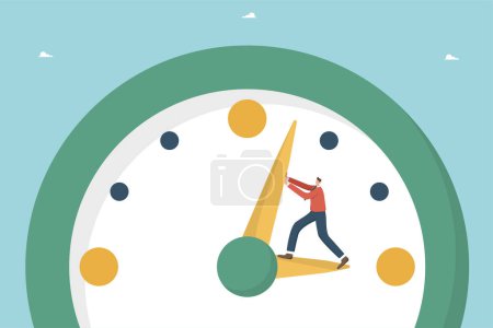 Illustration for Managing working time and planning working day, adhering to the calendar schedule and meeting project deadlines, time management, employee productivity per unit of working time, man stops clock hand. - Royalty Free Image
