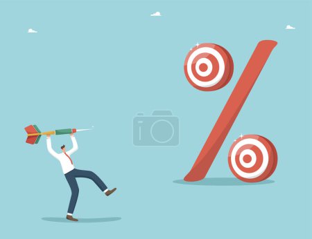 Illustration for Fulfillment of investment goals and increase in income, financial growth in interest rate on deposits, improvement of economy or GDP growth, increase in wages or savings, man throws dart at percentage - Royalty Free Image