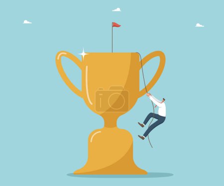 Illustration for Concept of victory, finding right strategy for business development and prosperity, achieving goals and receiving rewards, logic and intelligence for solving problems, man climbs rope on winning cup. - Royalty Free Image