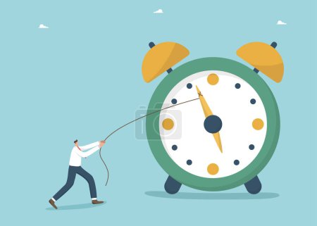 Illustration for Time management and business planning, employee productivity for a certain period of time, urgent work, calendar schedule, meeting project deadlines, multitasking, man pulling back the clock hand. - Royalty Free Image