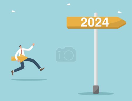 Téléchargez les illustrations : Planification stratégique pour atteindre le succès dans la nouvelle année 2024, direction du développement et regarder vers l'avenir, fixant des objectifs d'affaires pour l'année à venir, l'homme court le long du panneau indicateur de la nouvelle année 2024. - en licence libre de droit